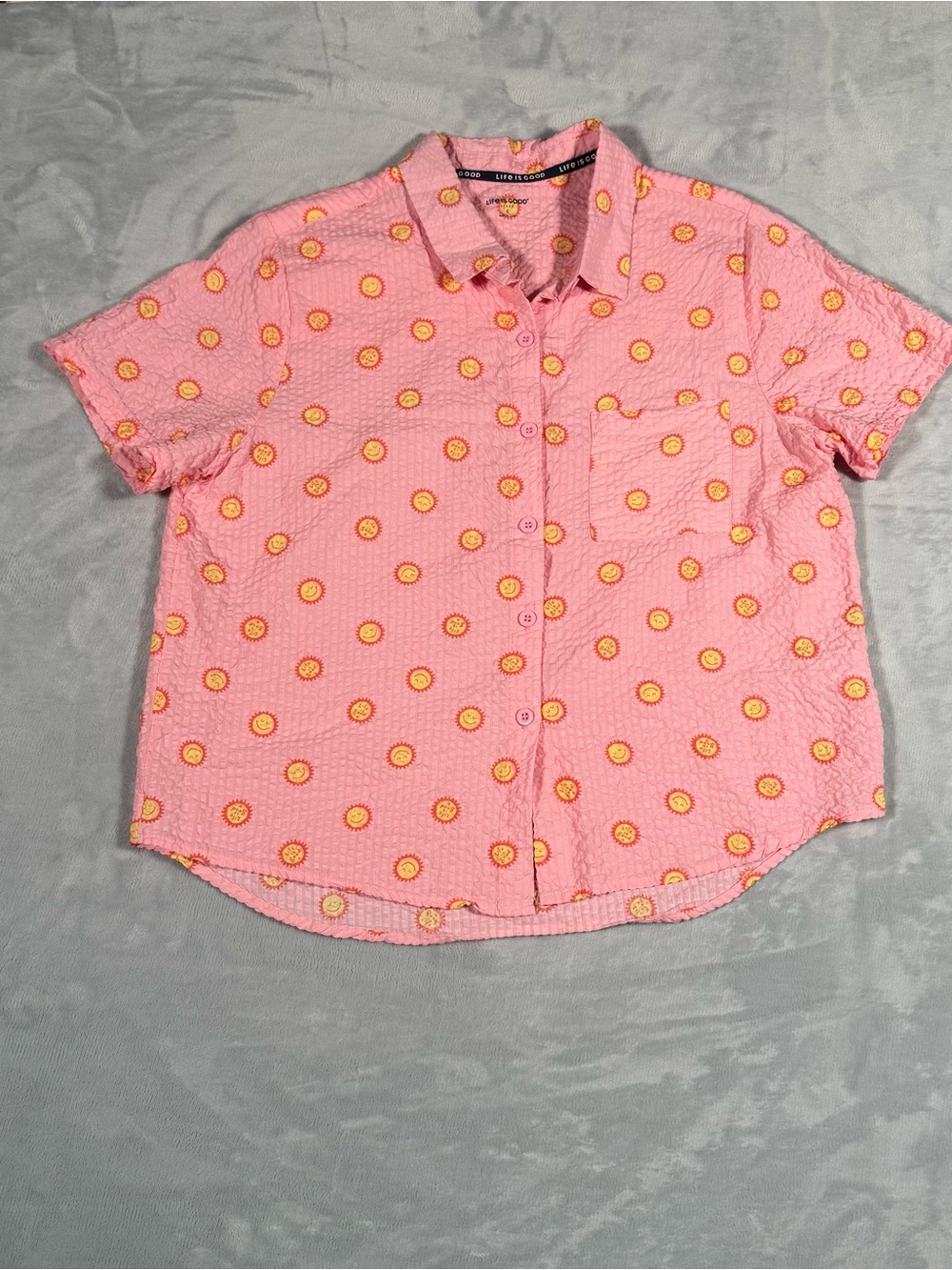 Life Is Good Pink Short-Sleeve Button-Down with Yellow Sunprint